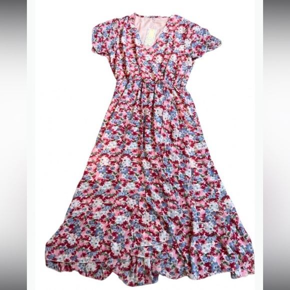 GRACEASY DRESS PINK WHITE FLORAL PRINT FIT FLAIR WRAP SUMMER DRESS SIZE XL NET - Picture 3 of 14